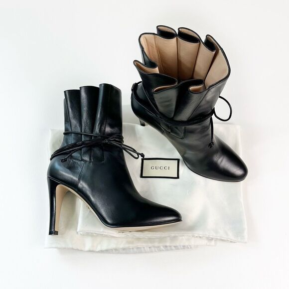 GUCCI Indya Pleated Bow Tie GG Boots Size 38 US 8 Black Leather Ankle Tie Strap - Picture 6 of 15
